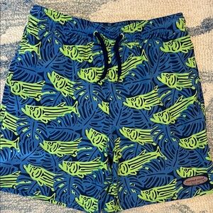 Vineyard Vines Boys Blue and Green Fish Pattern Swim Trunks